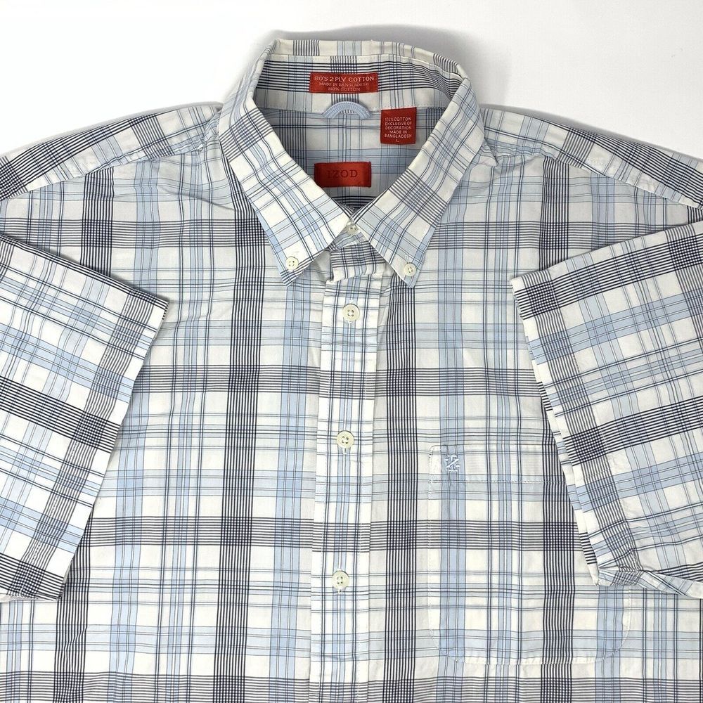 IZOD White with Blue Plaid Cotton Men's Short Sleeve Shirt Size Large